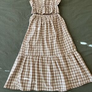 Tan and White Gingham Midi Dress